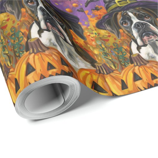 Spooky Boxer Halloween Witch and Pumpkin Cadeaupapier (Rol Hoek)