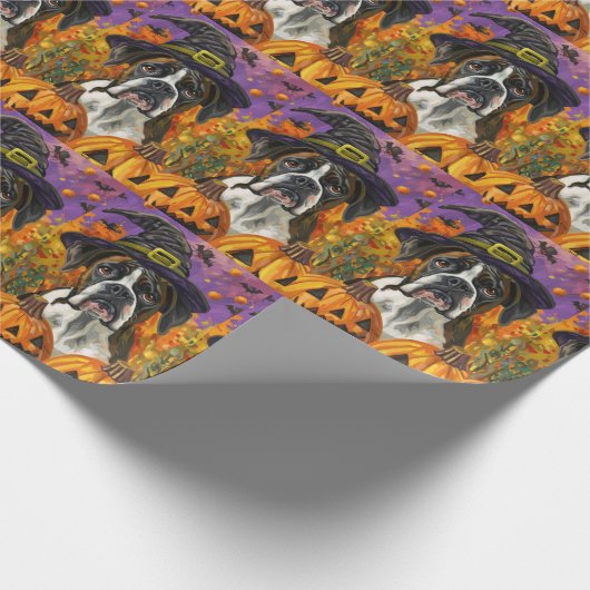 Spooky Boxer Halloween Witch and Pumpkin Cadeaupapier (Hoek)