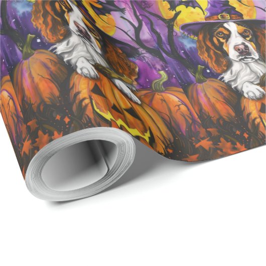 Spooky Brittany Spaniel Halloween Witch Pumpkin Cadeaupapier (Rol Hoek)