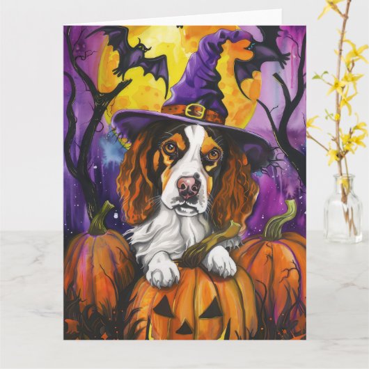 Spooky Brittany Spaniel Halloween Witch Pumpkin Kaart (Gele Bloem)