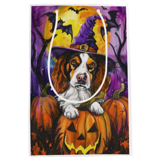 Spooky Brittany Spaniel Halloween Witch Pumpkin Medium Cadeauzakje (Voorkant)