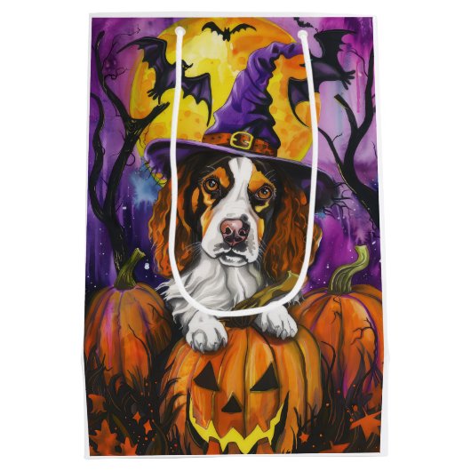 Spooky Brittany Spaniel Halloween Witch Pumpkin Medium Cadeauzakje (Achterkant)