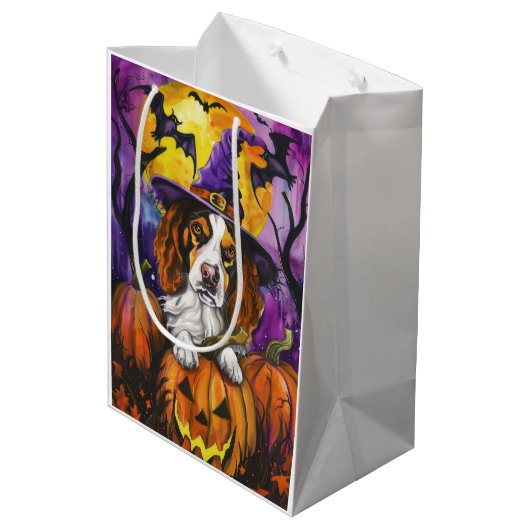 Spooky Brittany Spaniel Halloween Witch Pumpkin Medium Cadeauzakje (Achterkant Gekanteld)