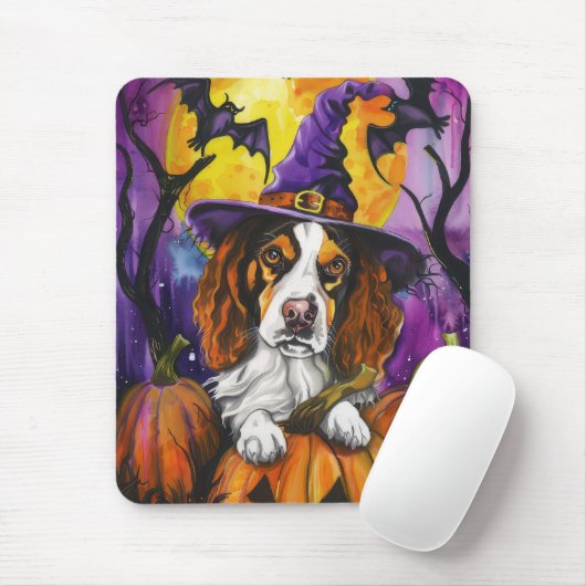 Spooky Brittany Spaniel Halloween Witch Pumpkin Muismat (Met muis)