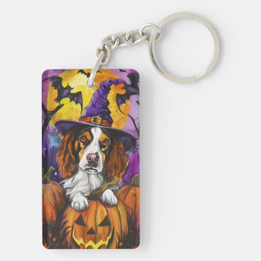 Spooky Brittany Spaniel Halloween Witch Pumpkin Sleutelhanger (achterkant)