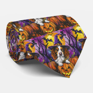 Spooky Brittany Spaniel Halloween Witch Pumpkin Stropdas