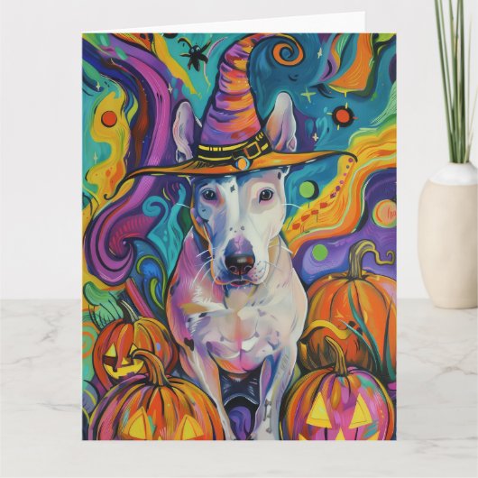 Spooky Bull Terrier Halloween heks en pompoen Kaart (Voorkant)