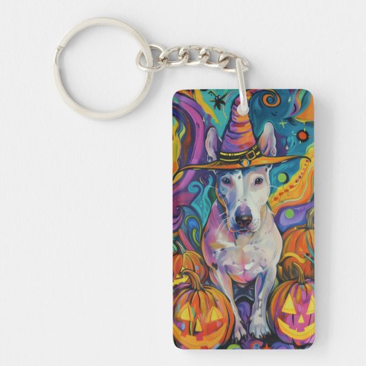 Spooky Bull Terrier Halloween heks en pompoen Sleutelhanger (Voorkant)