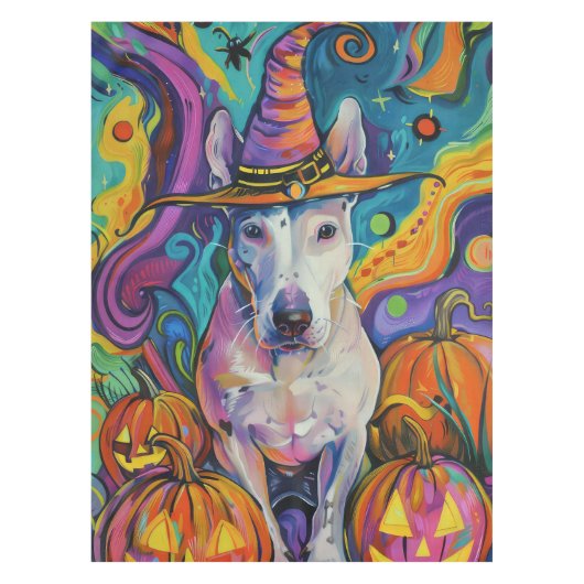 Spooky Bull Terrier Halloween heks en pompoen Tafelkleed (Voorkant)
