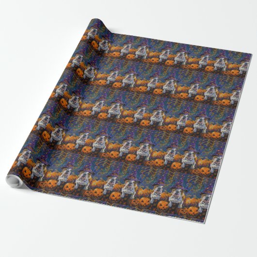 Spooky Bulldog Halloween heks en pompoen Cadeaupapier (Uitgerold)