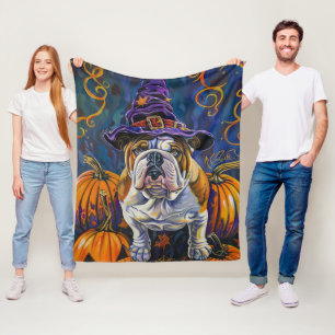 Spooky Bulldog Halloween heks en pompoen Fleece Deken