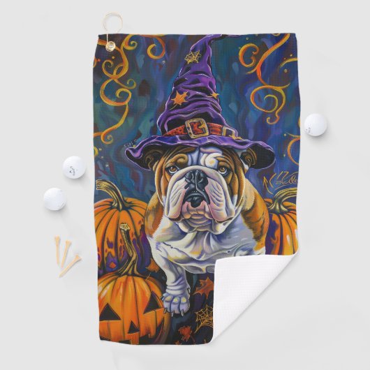 Spooky Bulldog Halloween heks en pompoen Golfhanddoek (Insitu)