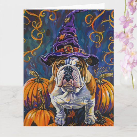 Spooky Bulldog Halloween heks en pompoen Kaart (Orchidee)