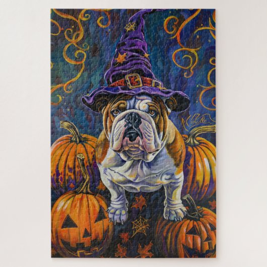 Spooky Bulldog Halloween heks en pompoen Legpuzzel (Verticaal)