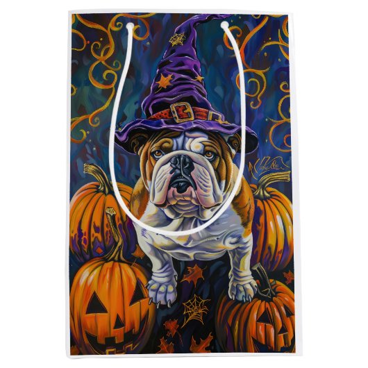 Spooky Bulldog Halloween heks en pompoen Medium Cadeauzakje (Voorkant)