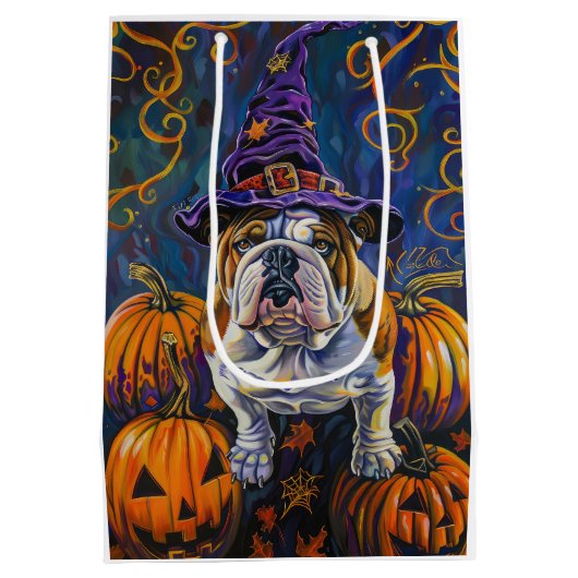 Spooky Bulldog Halloween heks en pompoen Medium Cadeauzakje (Achterkant)