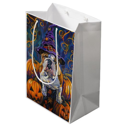 Spooky Bulldog Halloween heks en pompoen Medium Cadeauzakje (Achterkant Gekanteld)