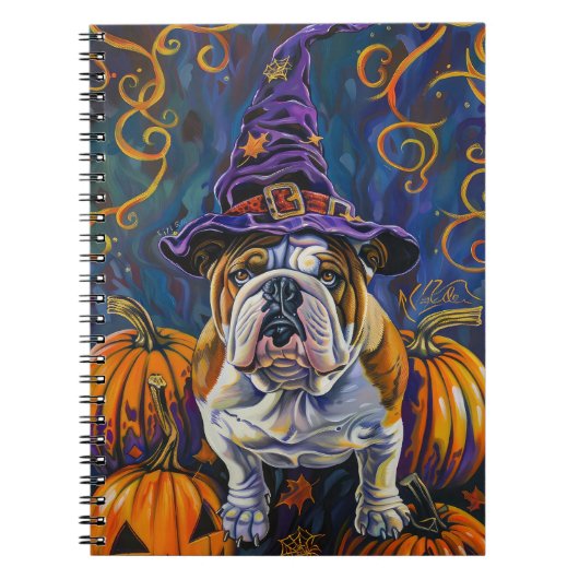 Spooky Bulldog Halloween heks en pompoen Notitieboek (Voorkant)