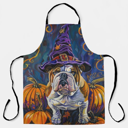 Spooky Bulldog Halloween heks en pompoen Schort (Voorkant)