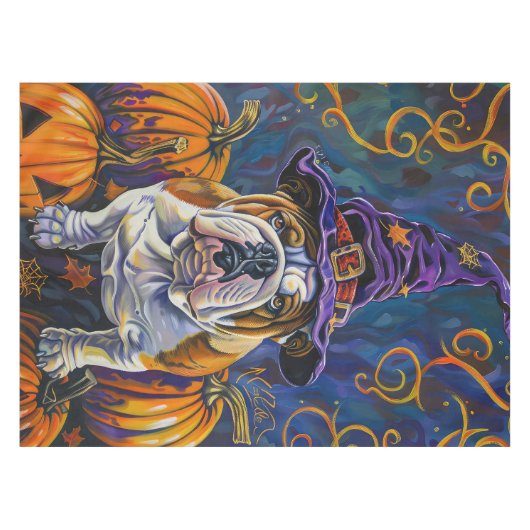 Spooky Bulldog Halloween heks en pompoen Tafelkleed (Voorkant (Horizontaal))