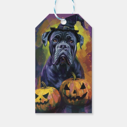 Spooky Bullmastiff Hond Halloween Heks en Pompoen Cadeaulabel (Voorkant)