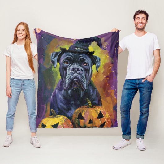 Spooky Bullmastiff Hond Halloween Heks en Pompoen Fleece Deken (In situ)