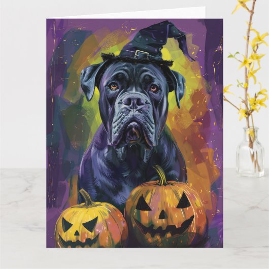 Spooky Bullmastiff Hond Halloween Heks en Pompoen Kaart (Gele Bloem)