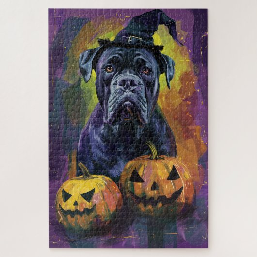 Spooky Bullmastiff Hond Halloween Heks en Pompoen Legpuzzel (Verticaal)