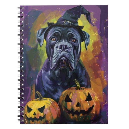 Spooky Bullmastiff Hond Halloween Heks en Pompoen Notitieboek (Voorkant)