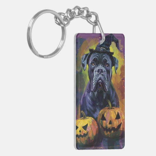 Spooky Bullmastiff Hond Halloween Heks en Pompoen Sleutelhanger (Voorkant Links)