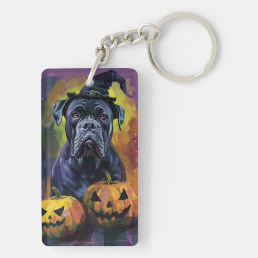 Spooky Bullmastiff Hond Halloween Heks en Pompoen Sleutelhanger (achterkant)