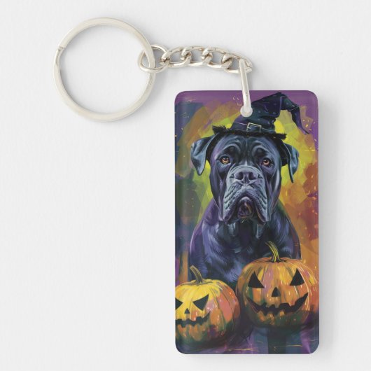 Spooky Bullmastiff Hond Halloween Heks en Pompoen Sleutelhanger (Voorkant)