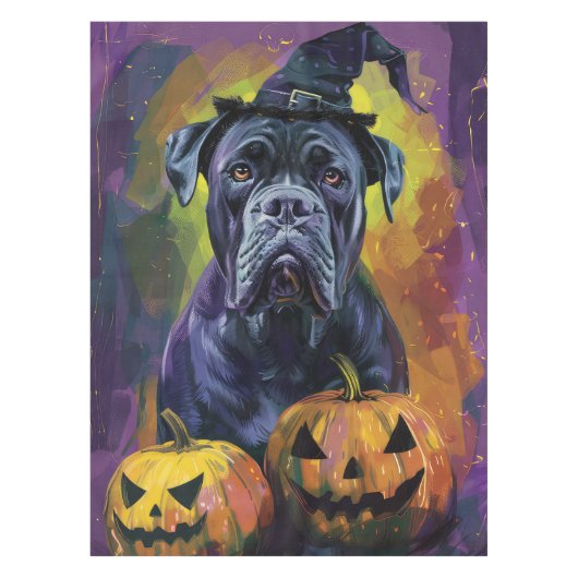 Spooky Bullmastiff Hond Halloween Heks en Pompoen Tafelkleed (Voorkant)
