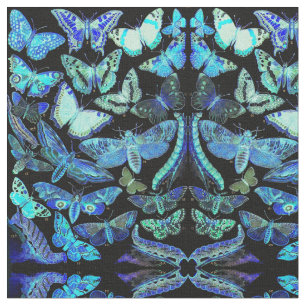 Spooky Butterflies Moths Blue Black Fabric Stof
