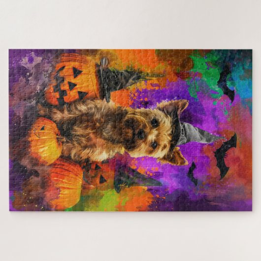 Spooky Cairn Terrier Hond Halloween Heksenpompoen Legpuzzel (Horizontaal)