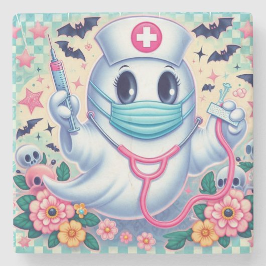 Spooky Cartoon Ghost Nurse: Halloween Art Stenen Onderzetter (Voorkant)