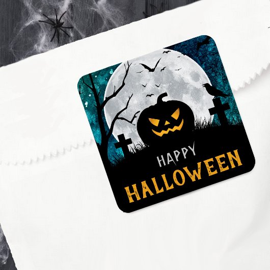 Spooky Carved Pumpkin Graveyard Halloween Party Vierkante Sticker