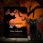 Spooky Cat | Bats Halloween 30th Birthday Party Kaart<br><div class="desc">Spooky cat silhouette op een oranje nachtelijke hemel onder een boom onder de opwarmende vleermuizen,  griezelig Halloween op uitnodiging van 30th Birthday Party. Foto met dank aan Saso Tusar via Unsplash.</div>