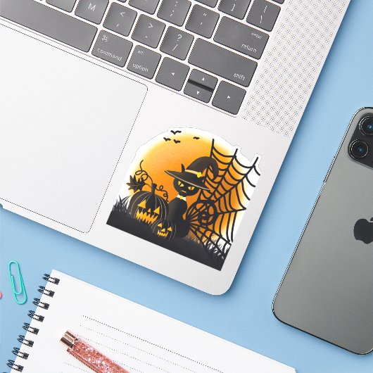 Spooky cat en spin Halloween Sticker (Laptop met iPhone)