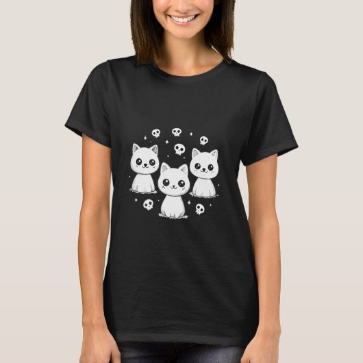 Spooky Cat Ghosts Retro Halloween Women Girls T-shirt (Voorkant)