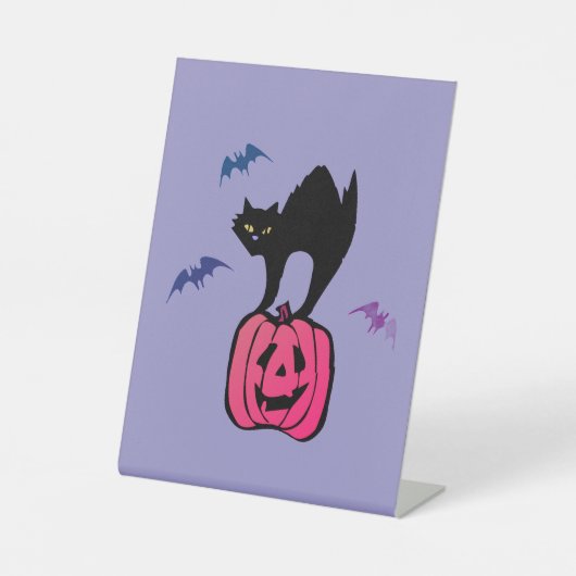 Spooky Cat Halloween Pumpkin Pop Art Reclamebord Met Voetstuk (Voorkant)