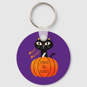 Spooky Cat Paarse Zwarte Oranje Pompoen Halloween Sleutelhanger
