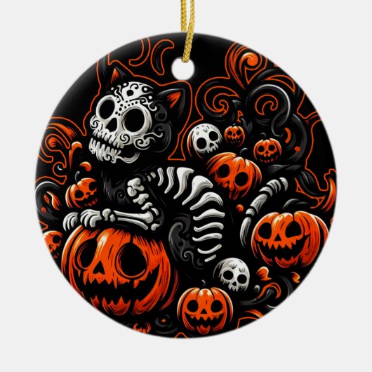 Spooky Cat & Pumpkins Keramisch Ornament (Voorkant)