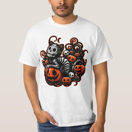 Spooky Cat & Pumpkins T-shirt (Voorkant)