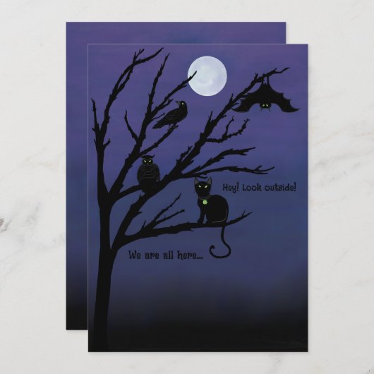 Spooky cat-raven-uil-bat-night-moon Halloween kaar Feestdagenkaart (Voorkant / Achterkant)