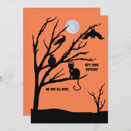 Spooky cat-raven-uil-bat-night-moon Halloween kaar Feestdagenkaart (Voorkant / Achterkant)