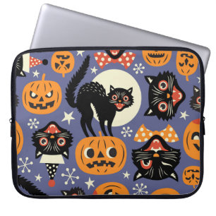 Spooky Cats Pompoenen Paarse Patroon Laptop Sleeve