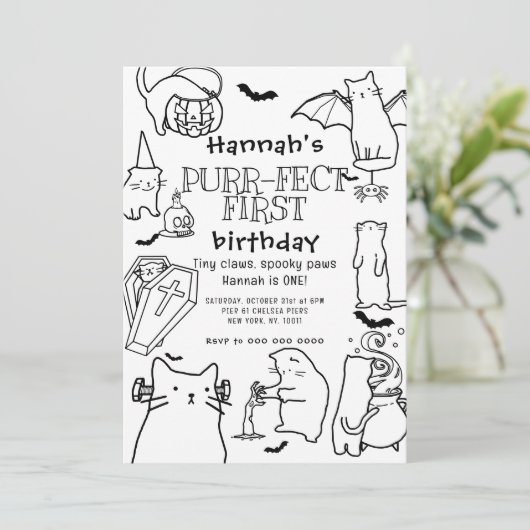 Spooky Cats Thema Eerste Verjaardagsfeest Kaart (Staand voorkant)