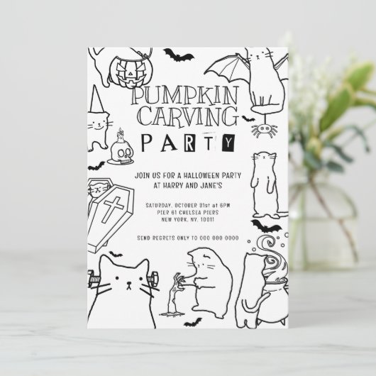 Spooky Cats themed Pumpkin Carving Party Kaart (Staand voorkant)