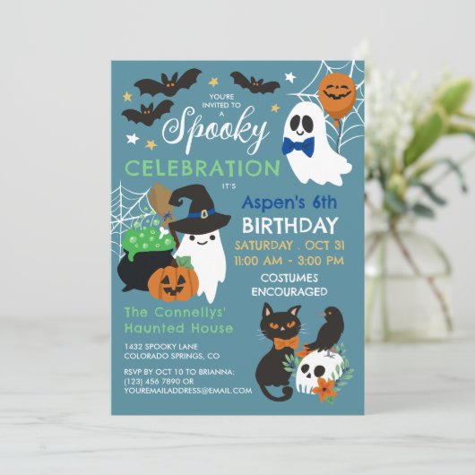 Spooky Celebration Boy Halloween Verjaardag Kaart (Staand voorkant)